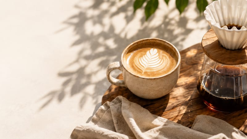 Latte with rosetta art beside a pour-over brewing on a wooden table
